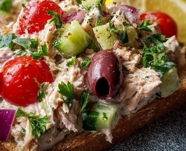 Fresh Mediterranean Tuna Salad with olives, tomatoes, and greens