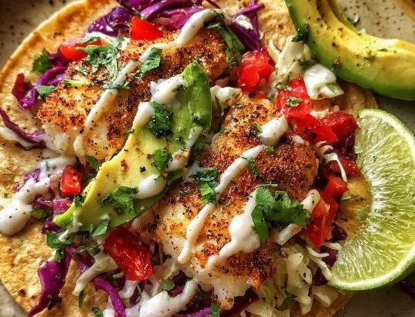 Delicious Mexican fish tacos with zesty lime crema topping