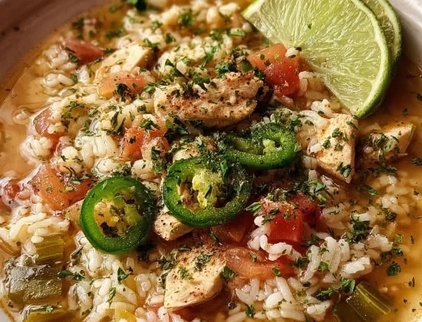 Bowl of Mexican Lime Chicken Rice Soup garnished with lime and cilantro
