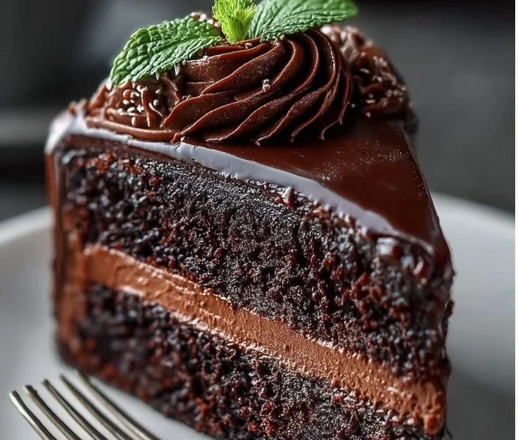 Decadent Midnight Fudge Cake topped with chocolate ganache and sprinkles.