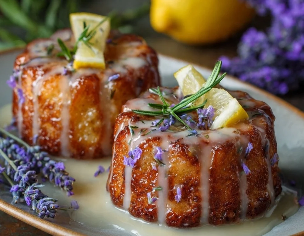Mini lemon cakes topped with lavender glaze for a refreshing dessert
