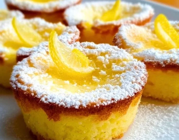 Delicious mini lemon impossible pies ready to serve on a platter.