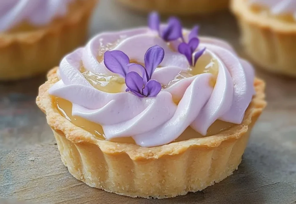 Mini lemon tarts with lilac meringue on a white plate