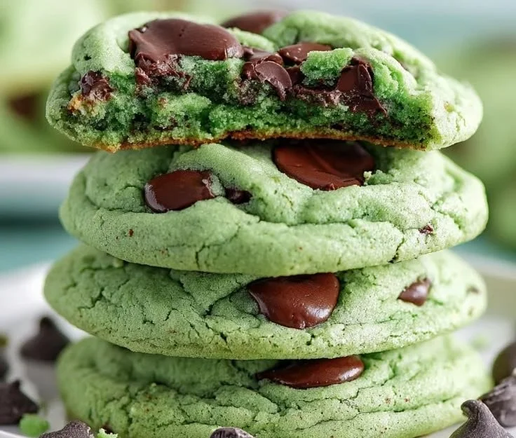 Freshly baked Mint Chocolate Chip Cookies on a cooling rack.