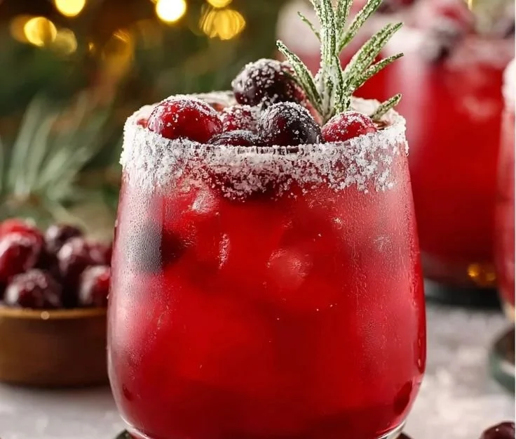 A festive Mistletoe Margarita garnished with fresh cranberries and mint.