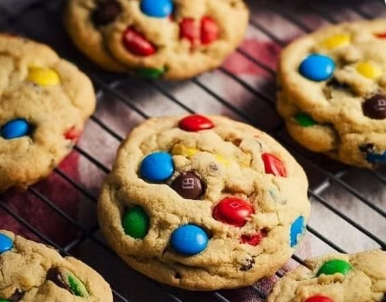 Freshly baked M&M Cookies on a cooling rack, colorful chocolate candies visible