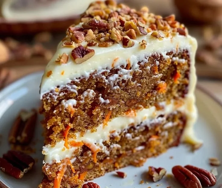 Slice of moist homemade carrot cake with cream cheese frosting and walnuts