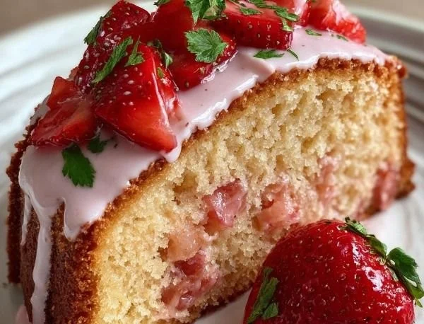 Moist Strawberry Milkshake Pound Cake served on a plate with strawberries