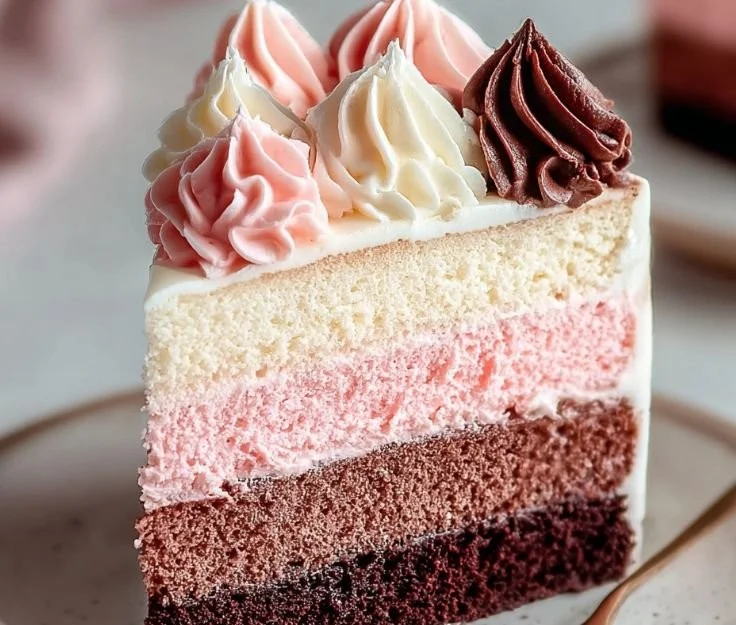 Delicious Neapolitan Cake showcasing layers of chocolate, vanilla, and strawberry.