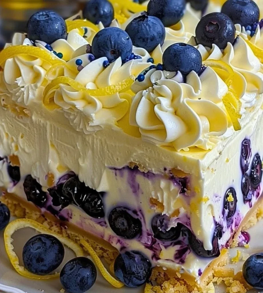 No-bake lemon blueberry cream cake topped with juicy blueberries and lemon zest.