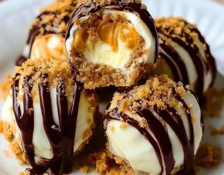 No-bake peanut butter cheesecake bites ready to serve on a plate