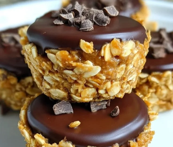 No-bake peanut butter granola cups stacked on a plate, healthy snack option.