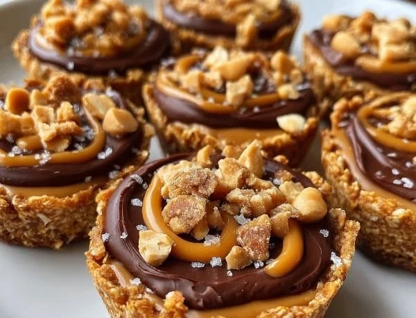 No-bake peanut butter oat cups topped with chocolate chips and oats