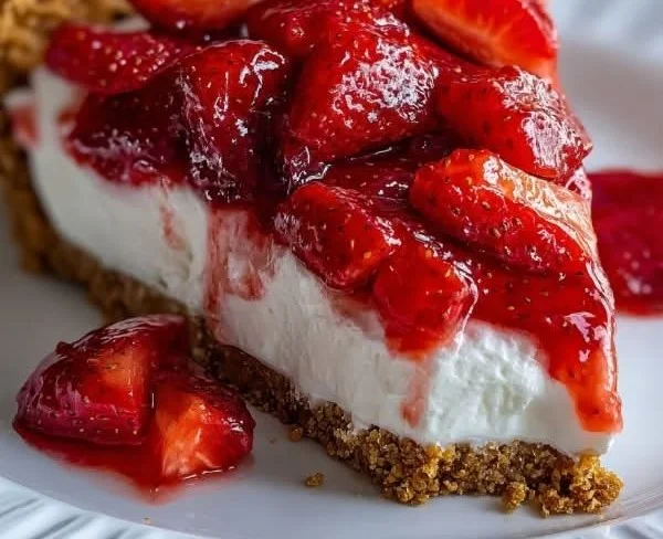 Delicious no-bake strawberry pie topped with fresh strawberries on a white plate