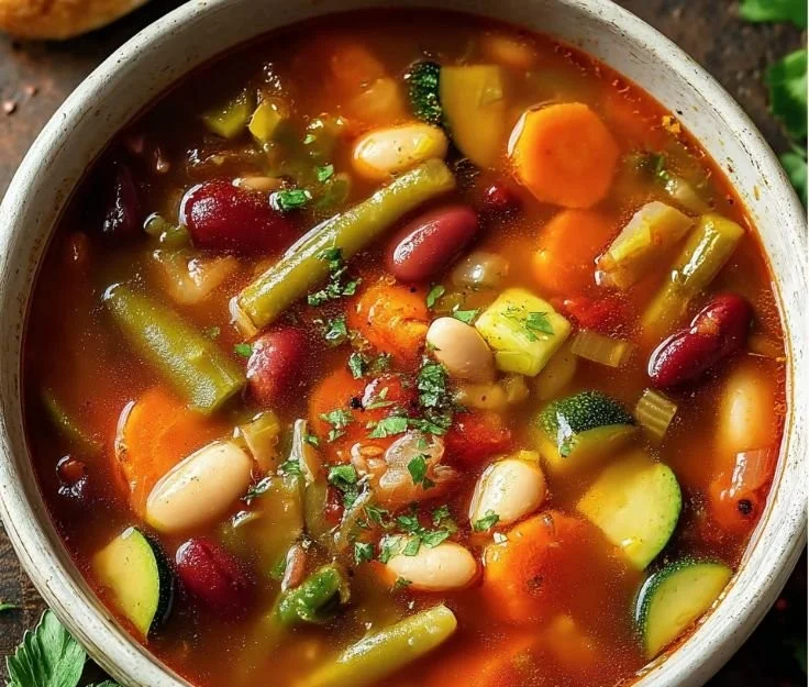 Bowl of Olive Garden vegetable soup garnished with fresh herbs and vegetables.