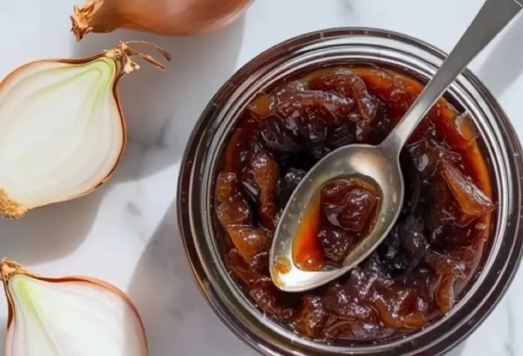 Homemade Onion Jam in a glass jar, showcasing its rich color and texture.