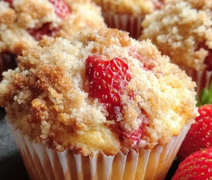 Delicious orange strawberry muffins topped with a crunchy streusel layer.