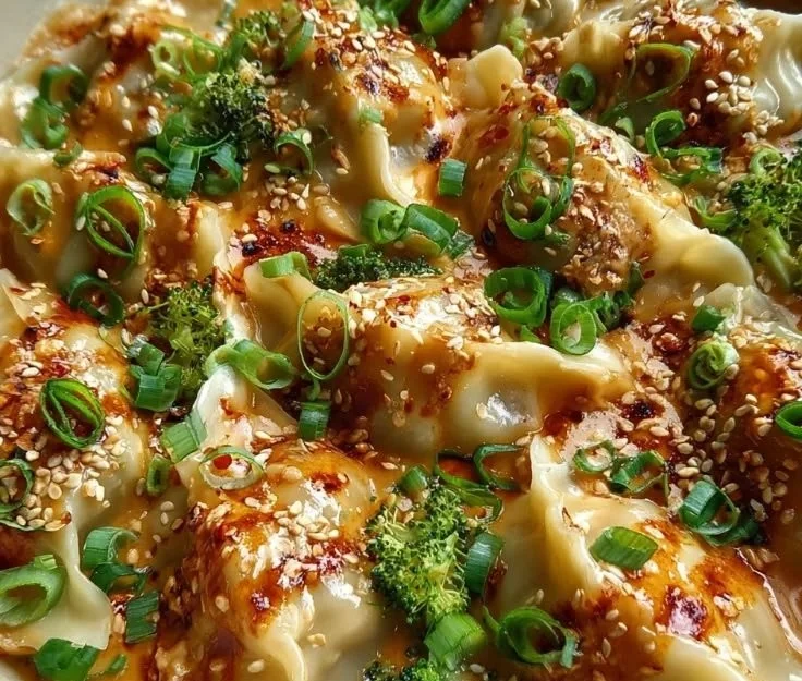 Oven-baked dumplings served with a rich peanut sauce