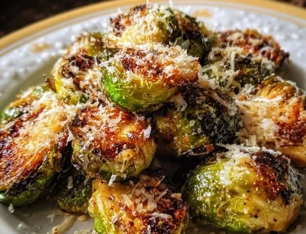 Oven Roasted Brussels Sprouts topped with Parmesan cheese served on a plate