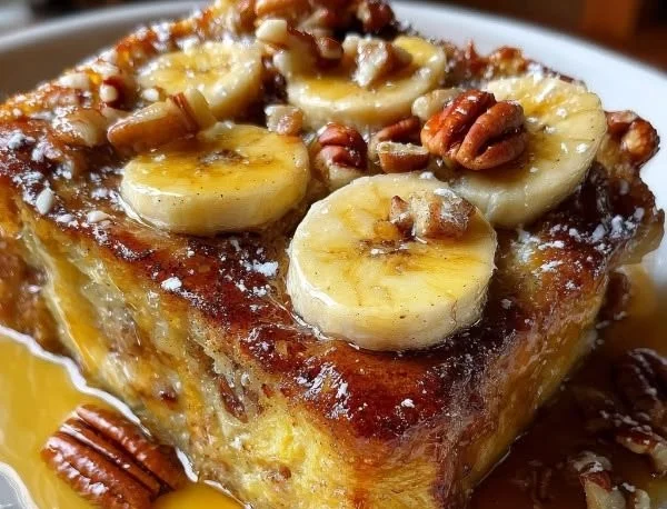 Delicious baked banana French toast casserole served with syrup and banana slices.