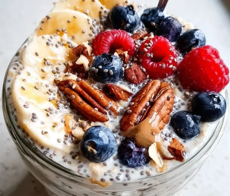 Bowl of overnight oats topped with chia seeds and fresh fruits