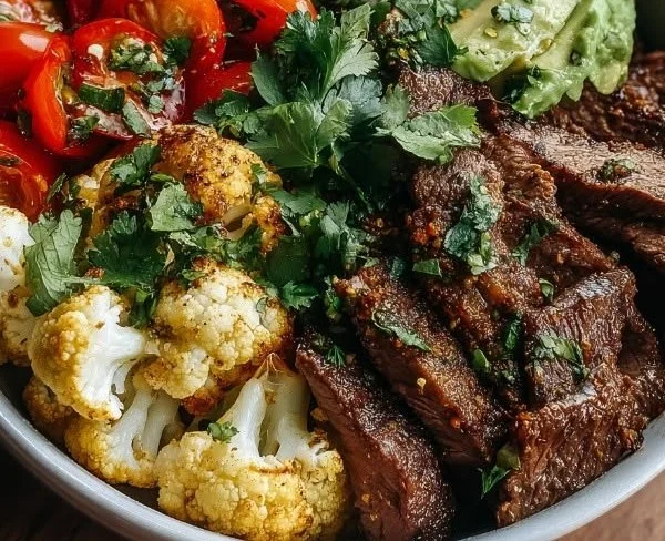 Paleo Grilled Meat Bowl with tender grilled meat and fresh vegetables