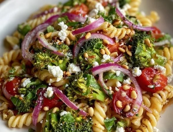 A vibrant bowl of pasta salad with vegetables and dressing.