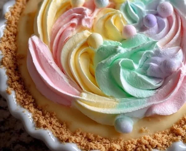 Pastel Easter Swirl Pie topped with vibrant swirls, ideal for festive gatherings.