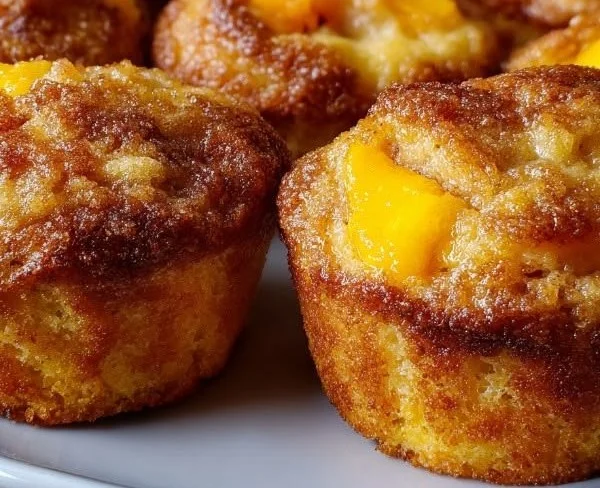 Freshly baked peach cobbler muffins with juicy peach slices