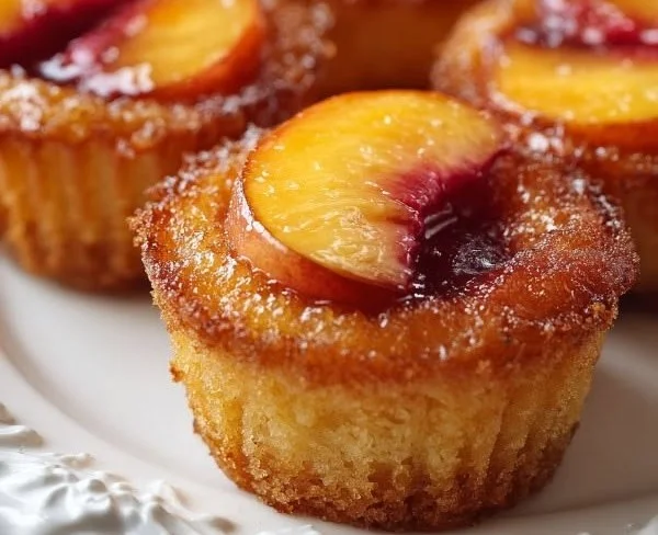 Delicious Peach Upside Down Cupcakes topped with caramelized peaches