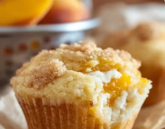 Freshly baked Peaches and Cream Muffins on a wooden table