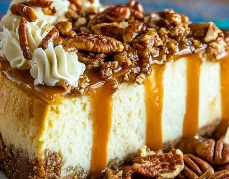 Delicious Pecan Cheesecake topped with Browned Butter and pecans