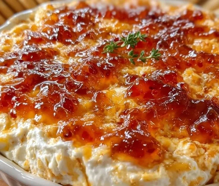 Delicious Pepper Jelly Cheese Dip served with crackers
