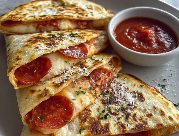 Delicious pepperoni pizza quesadillas served on a plate
