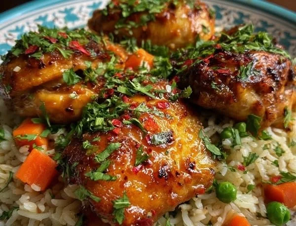 Delicious Peruvian Chicken served with flavorful rice garnished with herbs