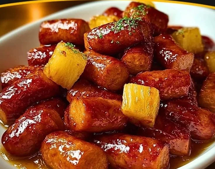 Pineapple Brown Sugar Lil Smokies Bites served on a platter