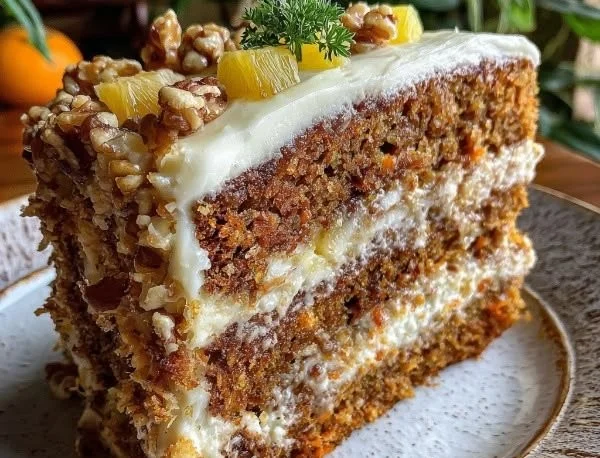Slice of Pineapple Carrot Cream Cake with decorative frosting and fresh pineapple slices