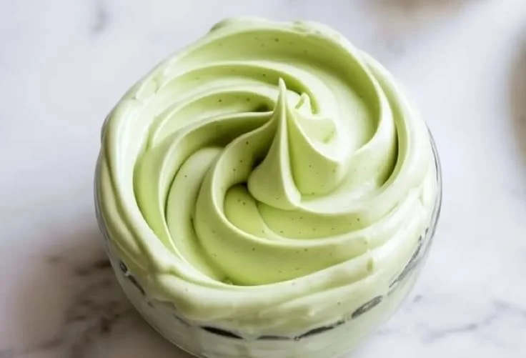 Creamy pistachio mascarpone frosting on a cupcake