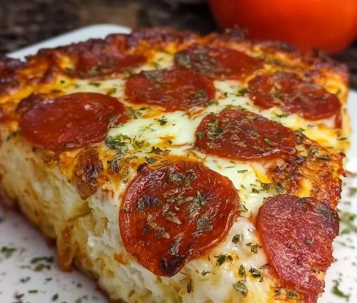 Pizza-Style Cottage Cheese Bake topped with pepperoni and fresh herbs