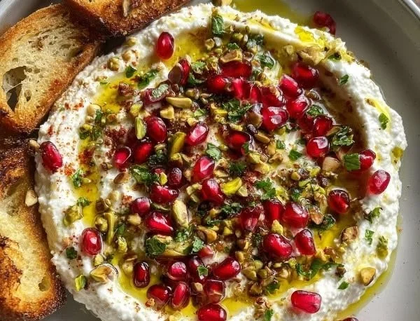 Pomegranate Pistachio Feta Dip served in a bowl with fresh ingredients.