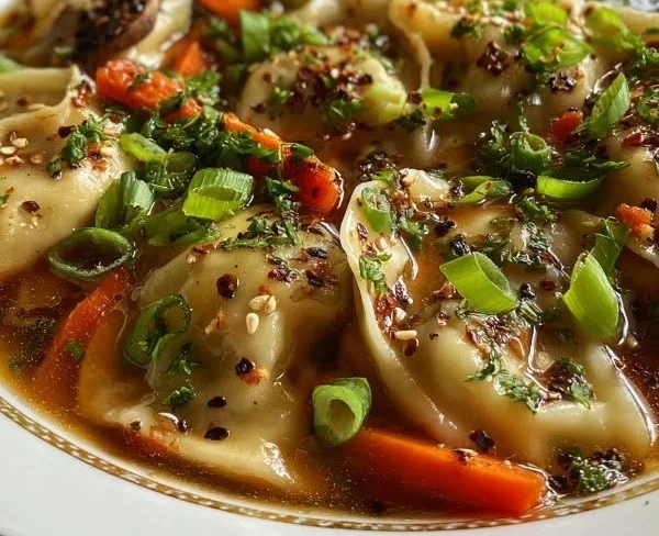 Bowl of homemade Potsticker Soup with dumplings and fresh vegetables.