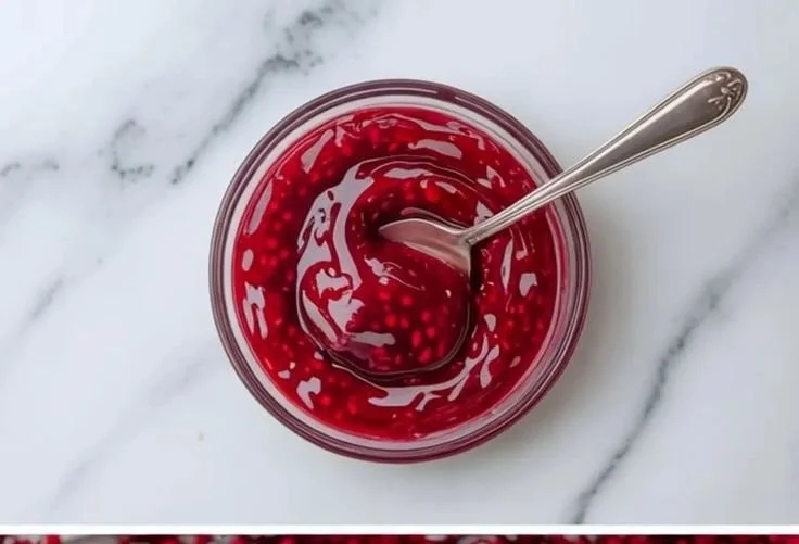 Delicious raspberry cake filling spread on a moist cake layer.