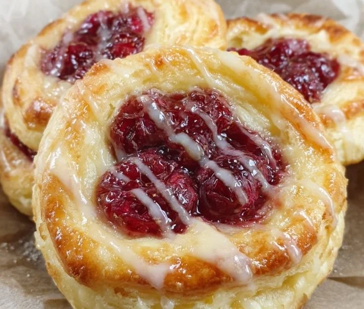 Freshly baked raspberry cheesecake danish pastry on a wooden table
