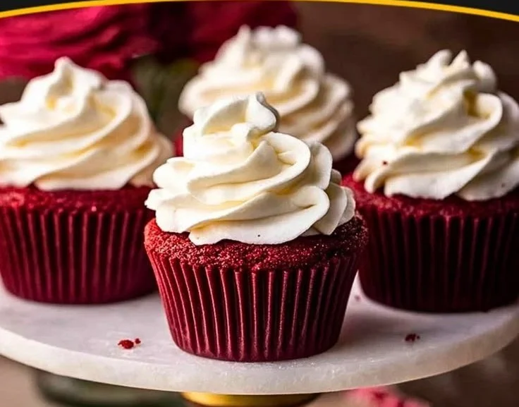A batch of homemade red velvet cupcakes topped with creamy frosting