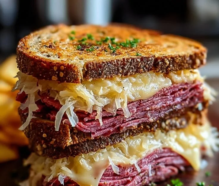 Delicious homemade Reuben sandwich with corned beef, sauerkraut, and melted cheese.