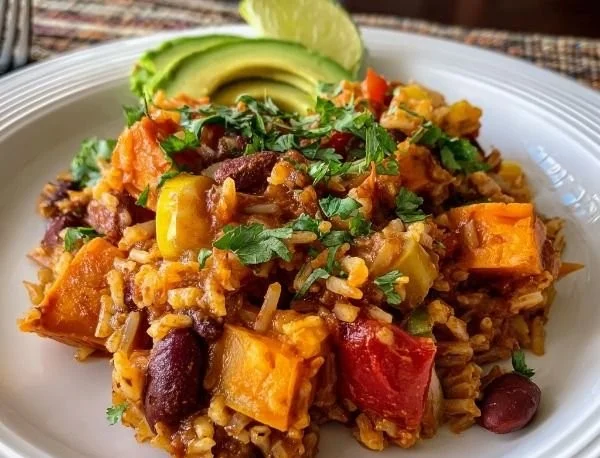 Delicious rice and bean casserole with sweet potatoes in a baking dish.