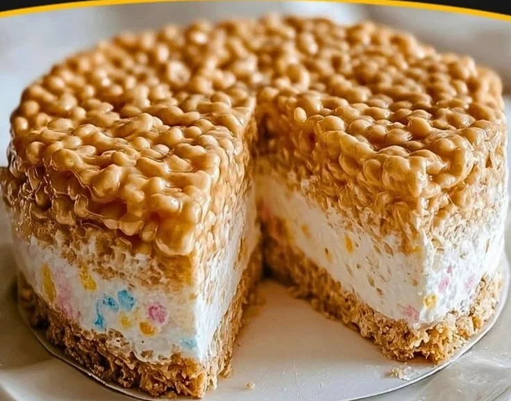 Delicious Rice Krispie Treat Cheesecake topped with crispy rice cereal