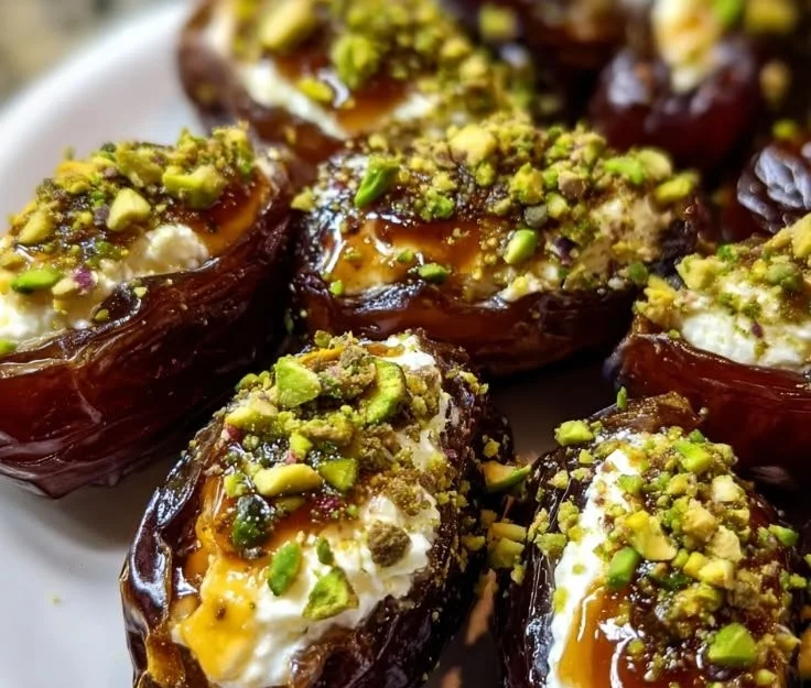 Ricotta-stuffed dates garnished with honey and pistachios on a serving platter.