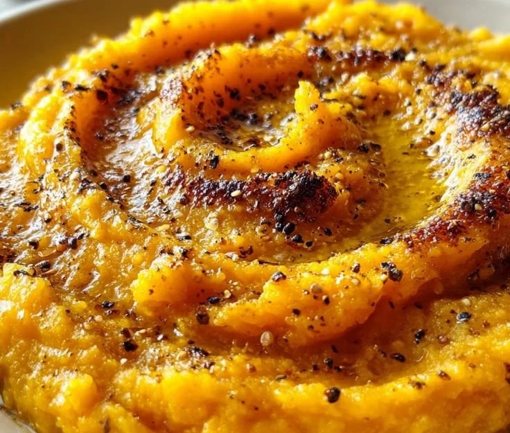 Creamy roasted garlic mashed butternut squash dish served in a bowl