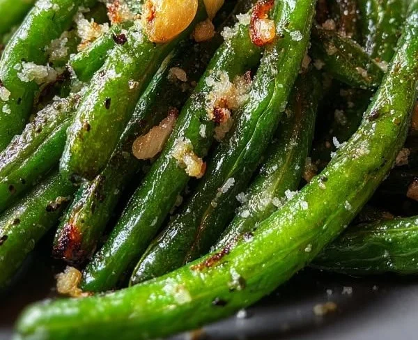 Roasted green beans with garlic and parmesan in a serving dish.